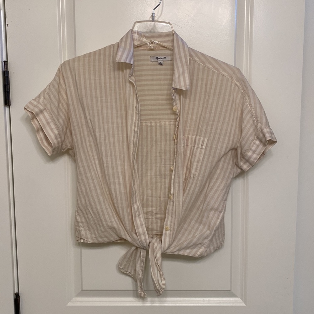 Yellow striped Madewell shirt. Super light fabric. Can tie at the bottom.
